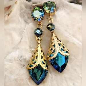 Victorian Mettalic Blue AB Swarovski Crystal 18k Gold Plated Filligree Earrings